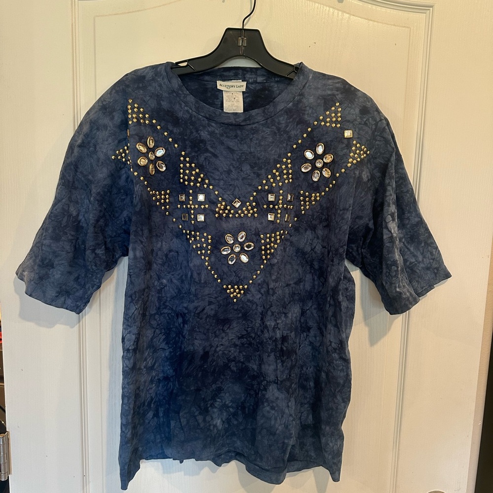 Accessory lady vintage 80s 90s blue tie dyed embellished T-shirt one size